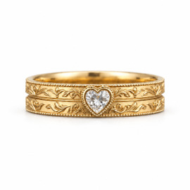 5mm Heart Cut Moissanite Solid Gold Milgrain Iris Flower Engraved Mens Wedding Band