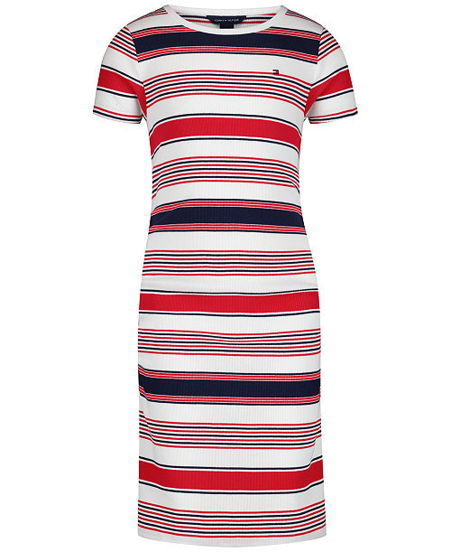 Girls' 7-16 Striped Ribbed Short-Sleeve Dress