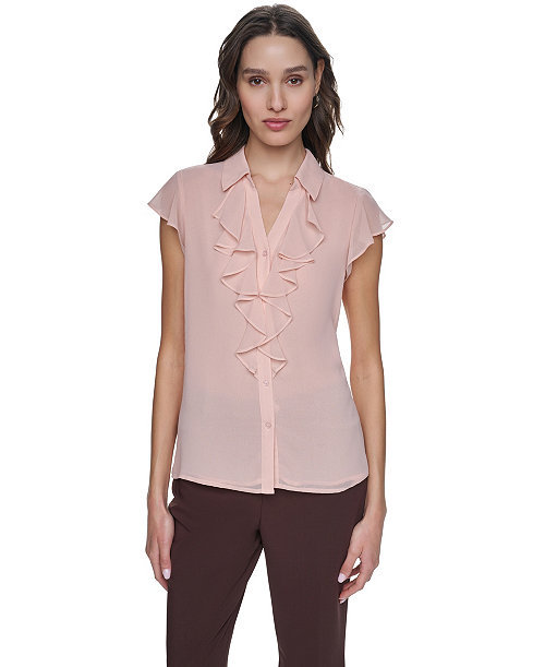 Petite Collared Ruffle-Front Top