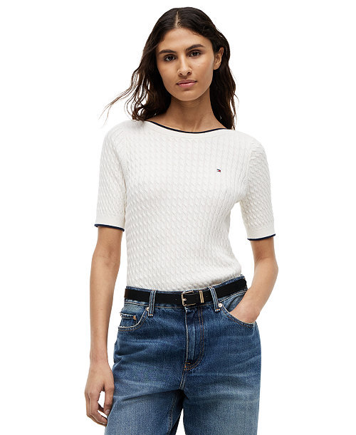 Women's Boat Neck Short-Sleeve Cotton Sweater