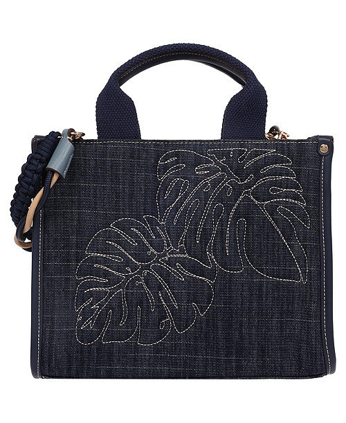 Dorothy Medium Denim Tote - Embroidered Leaf Convertible Top Handle and Crossbody Bag