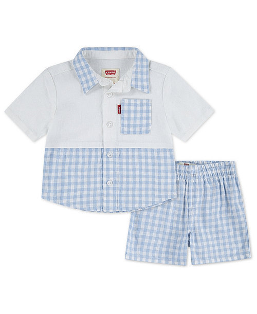 Boys' 2T-7 Gingham Linen Shirt and Shorts, 2-Piece Set