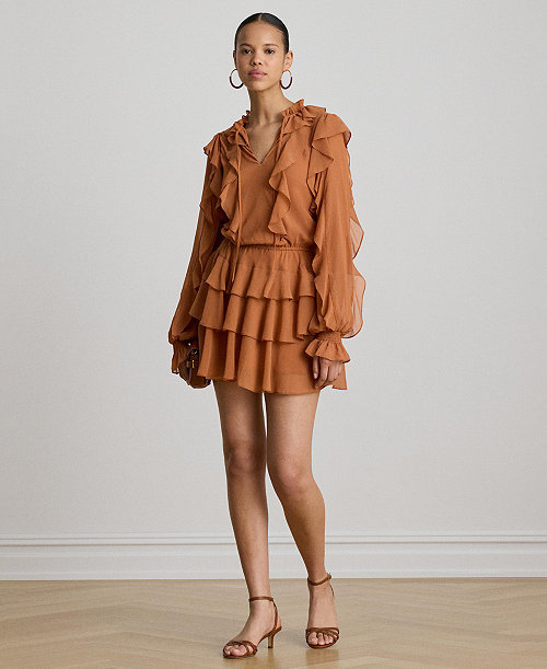Women's Ruffle-Trim Tiered A-Line Dress