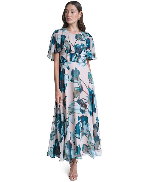 Women's Floral Flutter-Sleeve A-Line Dress
