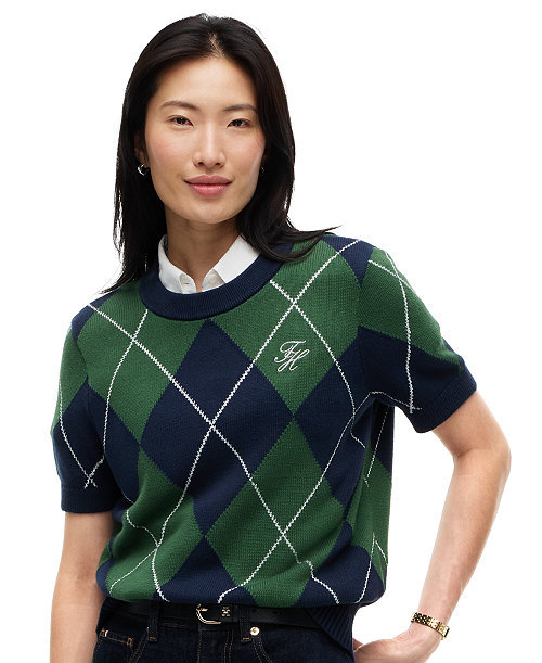 Women's Tartan Argyle Short-Sleeve Sweater