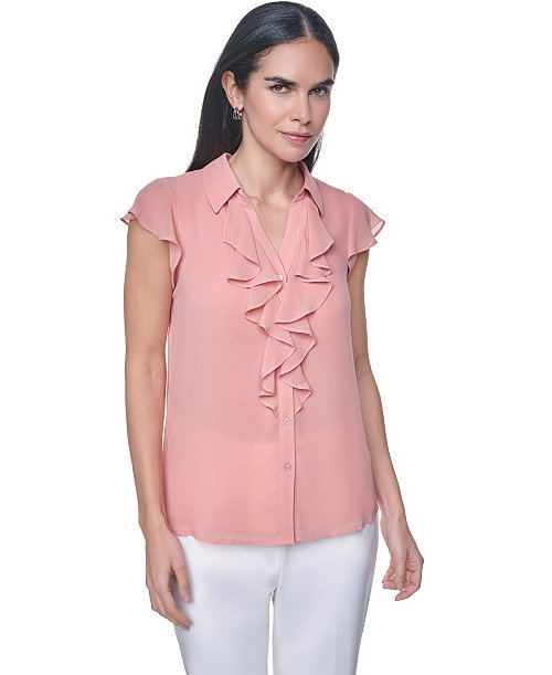 Women's Collared Ruffle Front Blouse