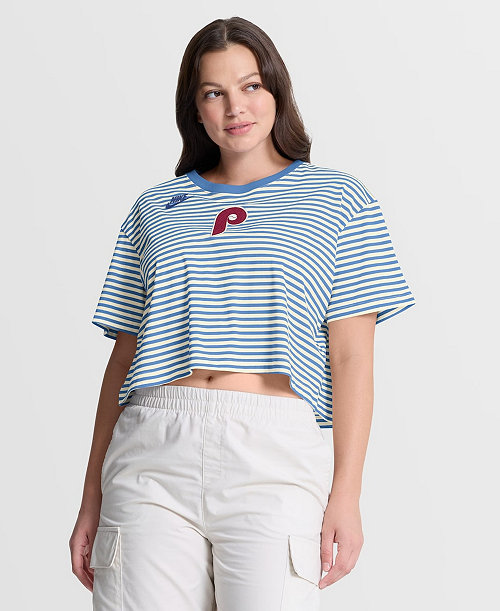 Women's Light Blue/Cream Philadelphia Phillies Cooperstown Collection Striped Cropped T-Shirt