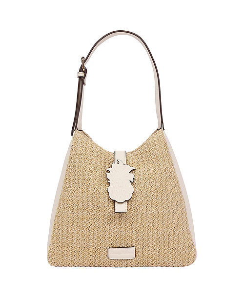 Logo Tab Raffia Hobo Bag - Woven Straw Shoulder Bag with Pineapple Accent