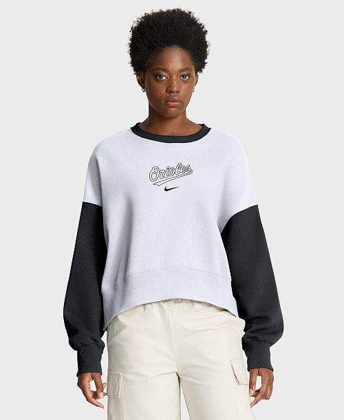 Women's White/Black Baltimore Orioles Oversized High Hip Fleece Sweatshirt