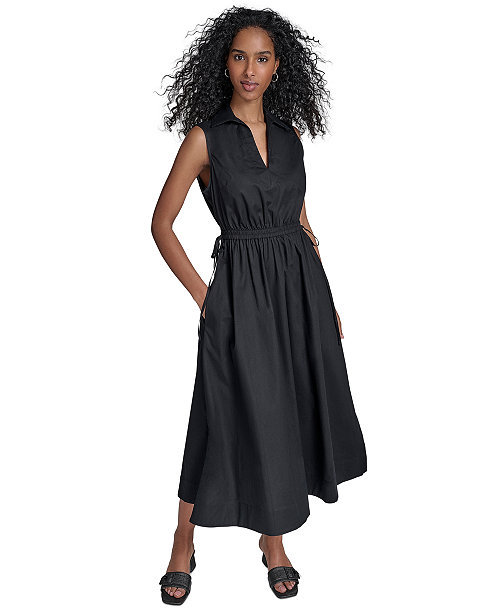 Women's Cotton Drawstring Sleeveless Midi Dress