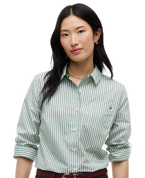 Women's Printed Button-Front Roll-Tab Shirt